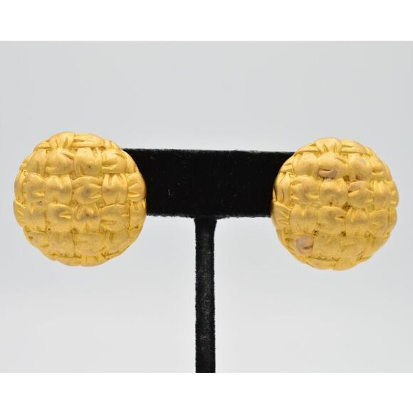 Givenchy Vintage Earrings Brushed Gold Matte Quilted Round Chunky Signed 80s 9I - Picture 1 of 10